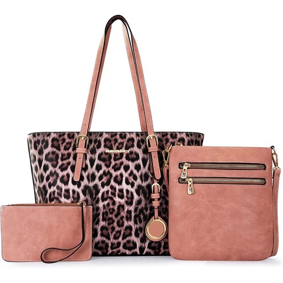 Fashion 3 pcs Handbag Set Leopard Print Tote Large Shoulder Bag Vegan Le… - Picture 1 of 11
